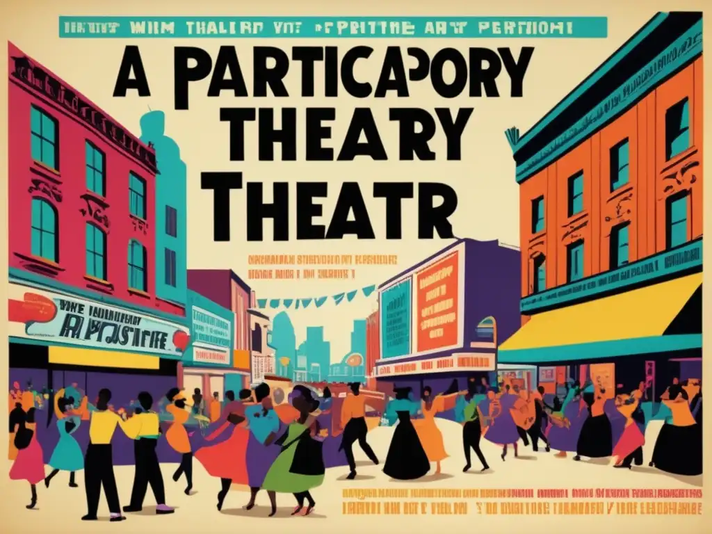 Un cartel vintage para una obra de teatro participativa. <b>Escena animada de la ciudad con personajes coloridos interactuando con el público.</b> El aspecto vintage evoca la rica tradición del Teatro de Participación en Juegos Sociales.