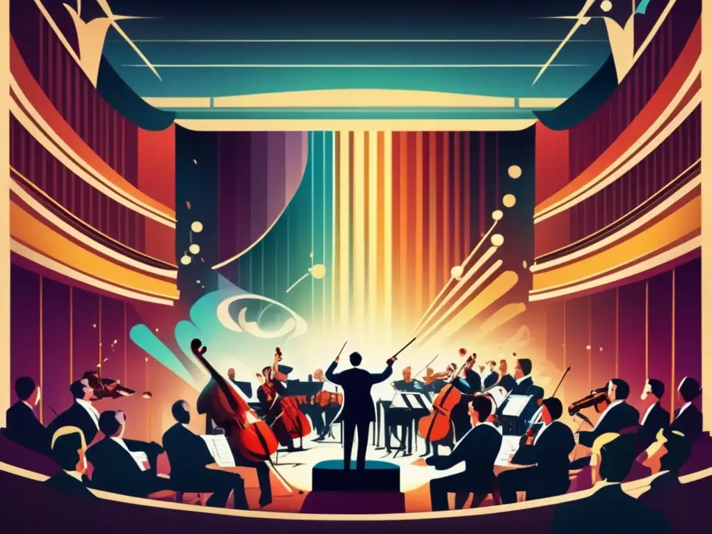 Un cartel vintage muestra una orquesta sinfónica en un gran auditorio, con iluminación dramática y un público cautivado. <b>El director lidera apasionadamente, con ondas de notas musicales coloridas emanando de los instrumentos.</b> La atmósfera irradia asombro y reverencia por la música de juegos como him
