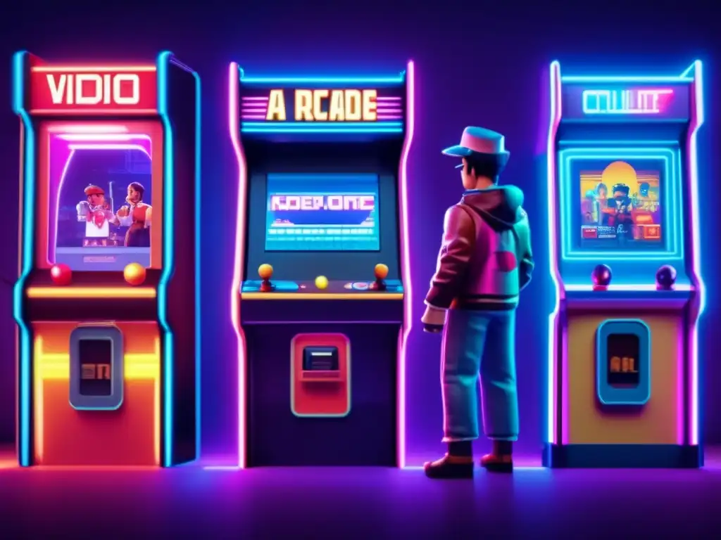 Un cartel vintage de película con personajes pixelados de videojuegos en un entorno de arcade retro, iluminado por luces de neón vibrantes, evocando la nostalgia de los primeros días de los videojuegos y su impacto cultural en la historia del cine.