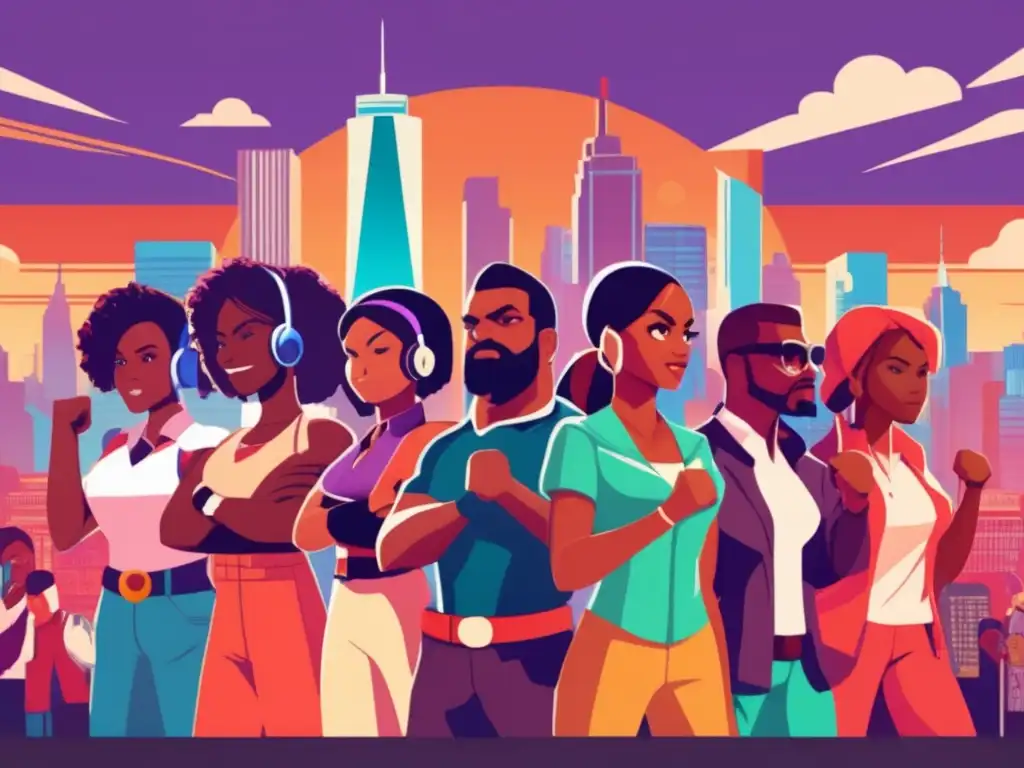 Un cartel vintage con personajes de videojuegos diversos unidos en un gesto de determinación, rodeados de activismo en la ciudad. <b>Captura el impacto de los videojuegos en campañas.