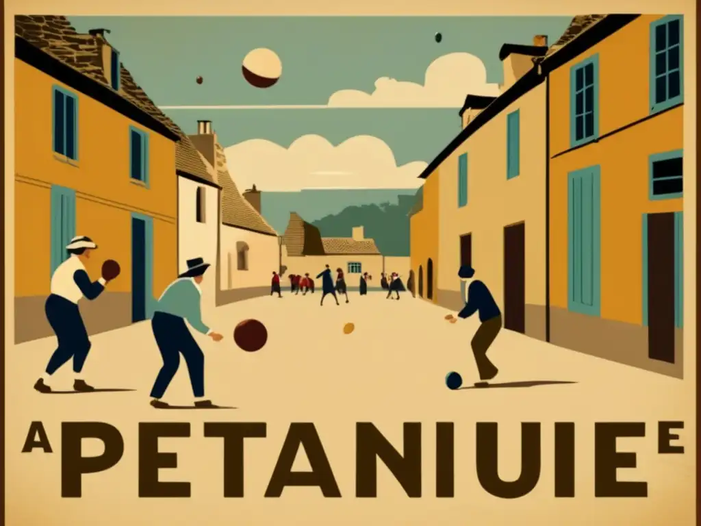 Cartel vintage promocionando torneo de petanca en un encantador pueblo francés. <b>Jugadores en traje clásico.</b> <b>Símbolo cultural francés juego petanca.