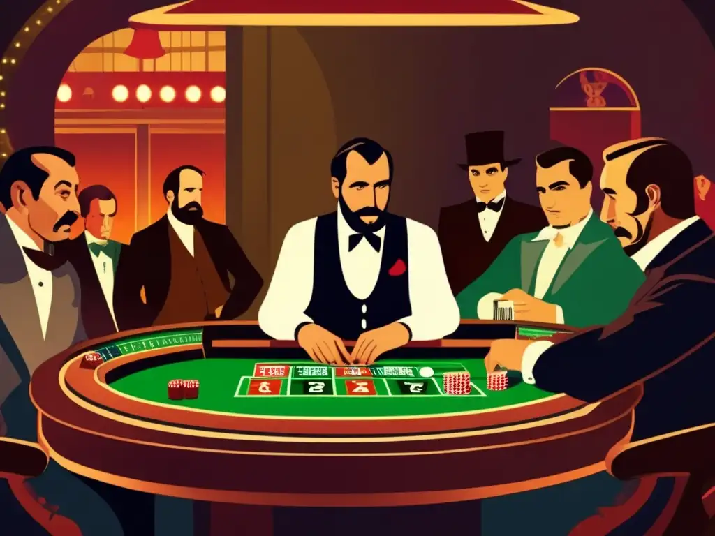 En un casino subterráneo, Dostoyevski observa intensamente la ruleta, mientras la gente juega. <b>Se respira tensión y desesperación en el ambiente.</b> <b>Impacto cultural juegos azar Dostoyevski.