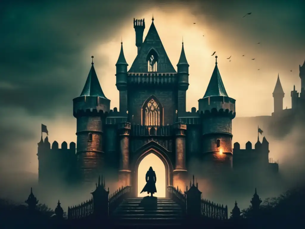 Un castillo gótico envuelto en la niebla, con una figura solitaria en las puertas, evocando la narrativa misteriosa de Dark Souls.