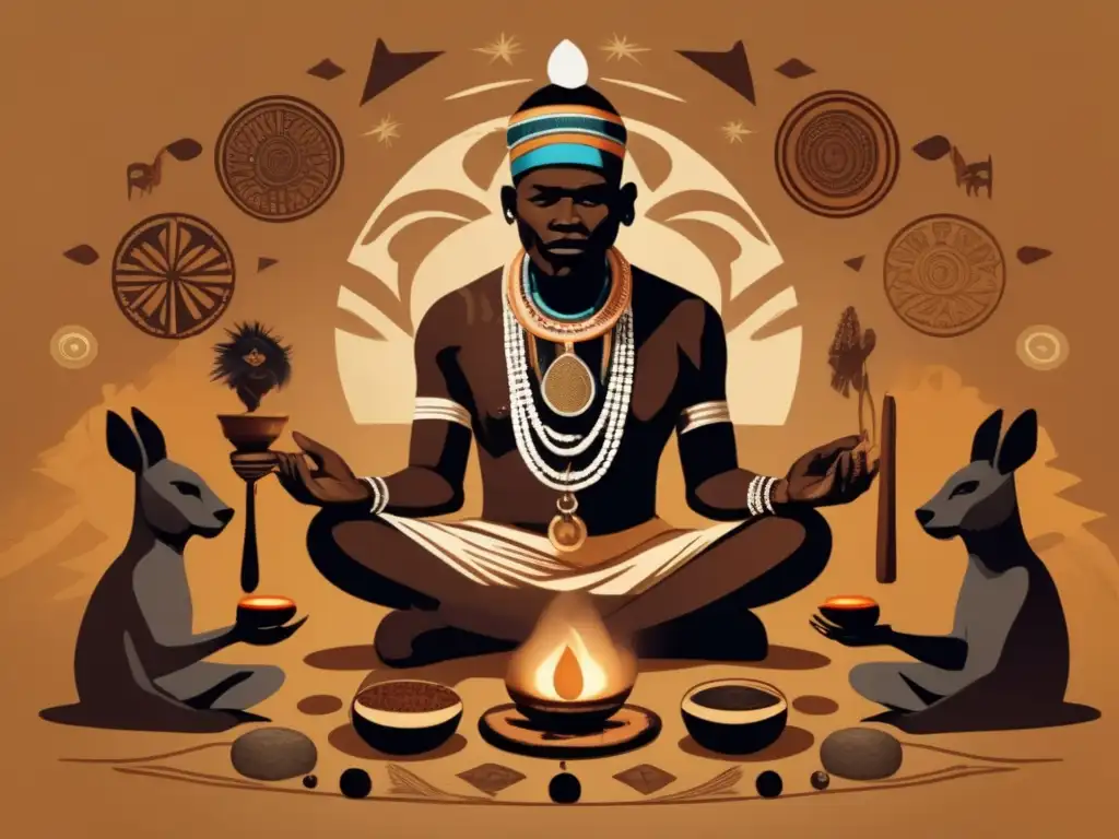 Un chamán africano realiza un ritual de adivinación, rodeado de símbolos y objetos ceremoniales, en tonos cálidos y evocadores de sabiduría ancestral. <b>Juegos de adivinación en culturas africanas.