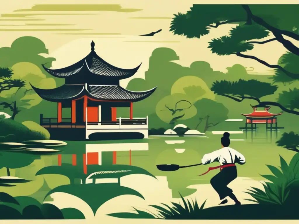 Un jardín chino sereno con un artista marcial practicando Kung Fu. <b>Evoca la estrategia y la antigua China.