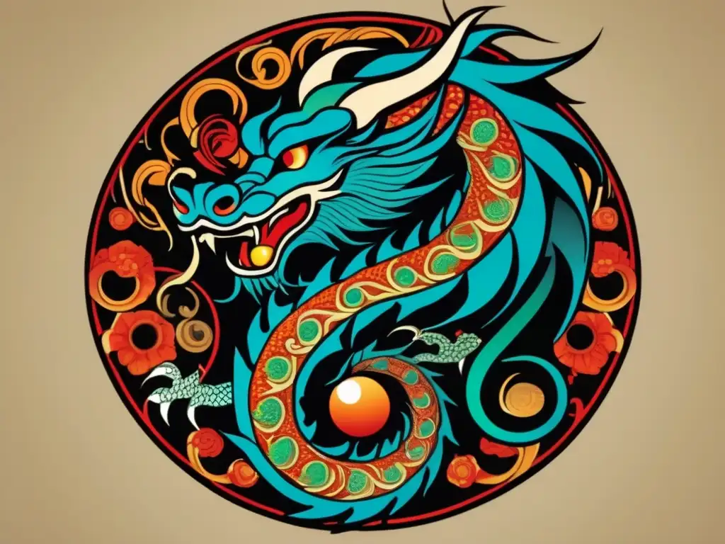 Un dragón chino tradicional enroscado alrededor de un símbolo yinyang brillante, con detalles intrincados y colores vibrantes que capturan la esencia de la antigua filosofía asiática oriental y su influencia en los videojuegos modernos.