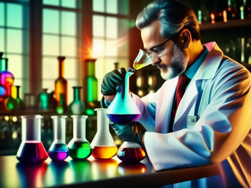 Un científico vierte líquidos coloridos en un matraz en un laboratorio vintage, evocando precisión científica y descubrimiento. <b>Conexión entre dopamina y motivación.