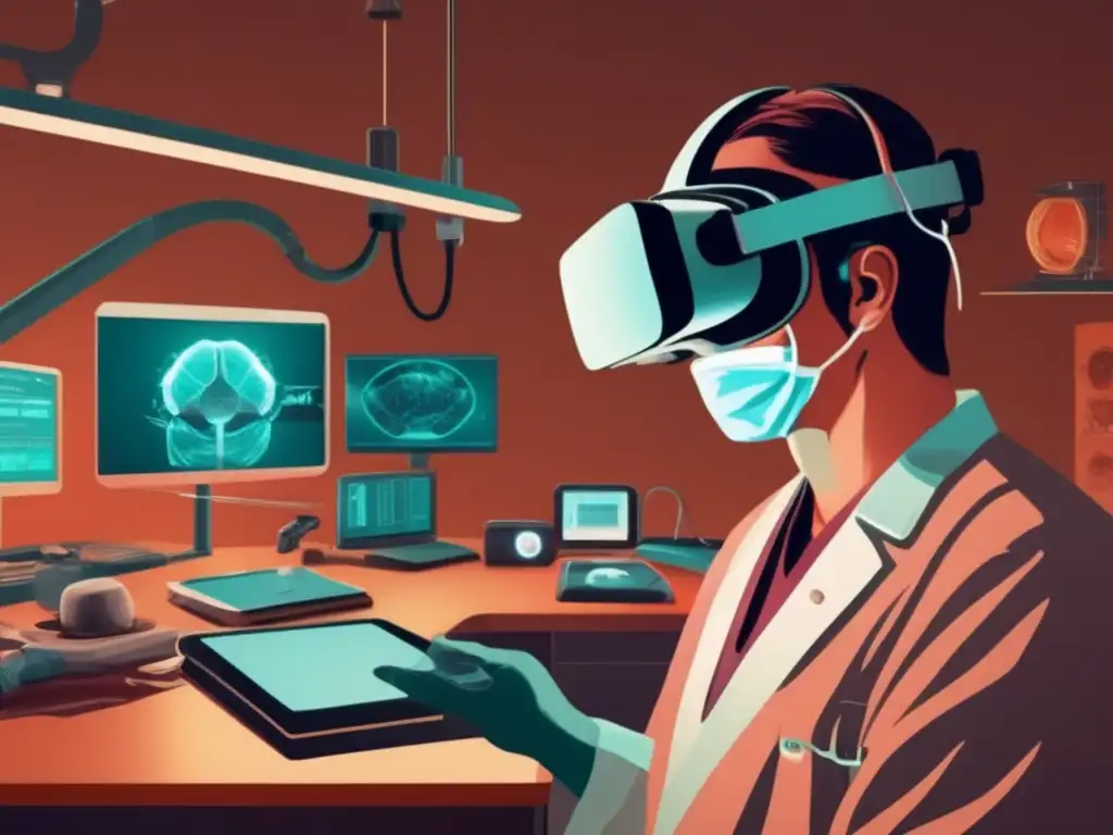 Un cirujano inmerso en una simulación de cirugía con realidad virtual, evocando profesionalismo atemporal y vanguardia en medicina.