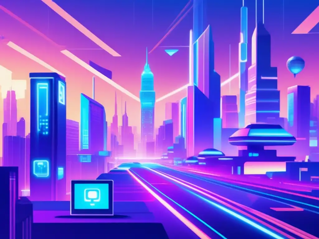 Ciudad ciberpunk con juegos online y tecnología blockchain