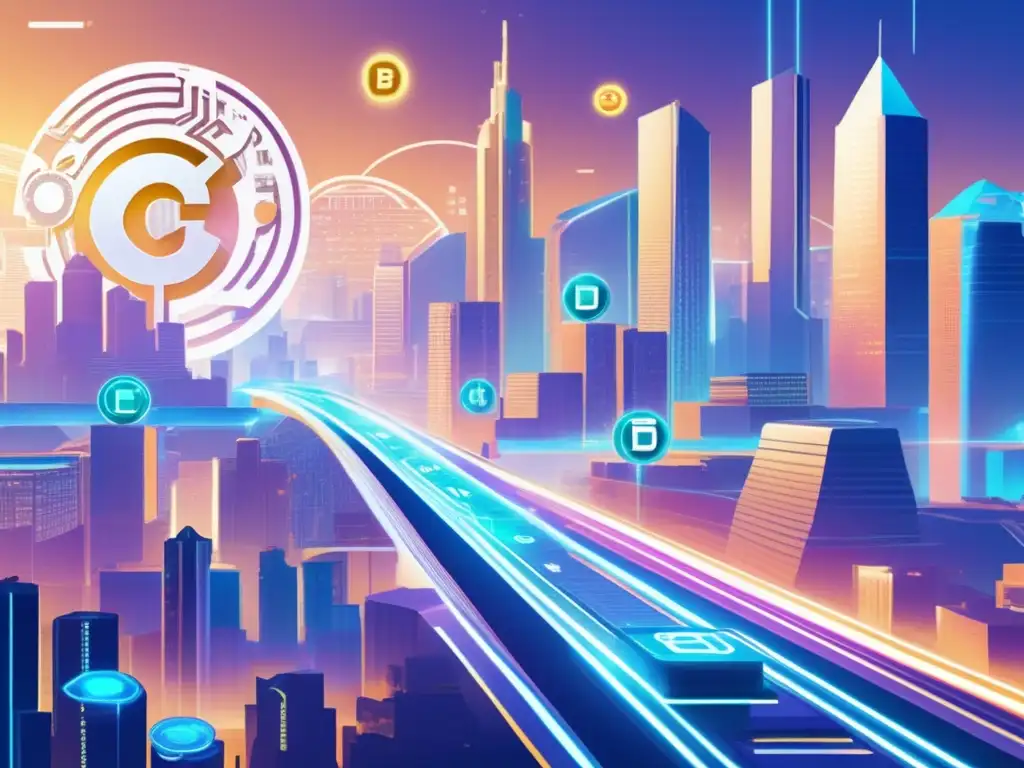 Una ilustración vintage de una ciudad futurista integrada con símbolos de monedas virtuales, mostrando el potencial económico futuro en los juegos.
