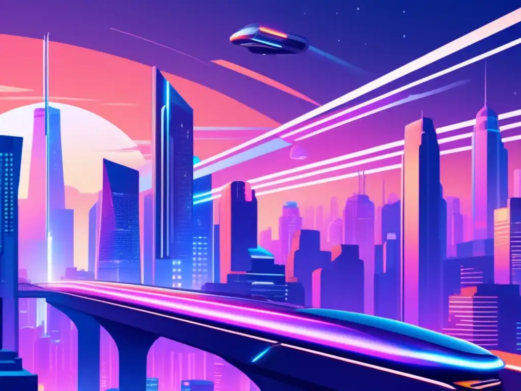 Una ilustración vintage de una ciudad futurista con rascacielos interconectados por puentes brillantes. <b>Destaca el monorraíl de alta velocidad.</b> La paleta de colores es rica y vibrante, con tonos azules profundos, morados y destellos de luces de neón, creando una