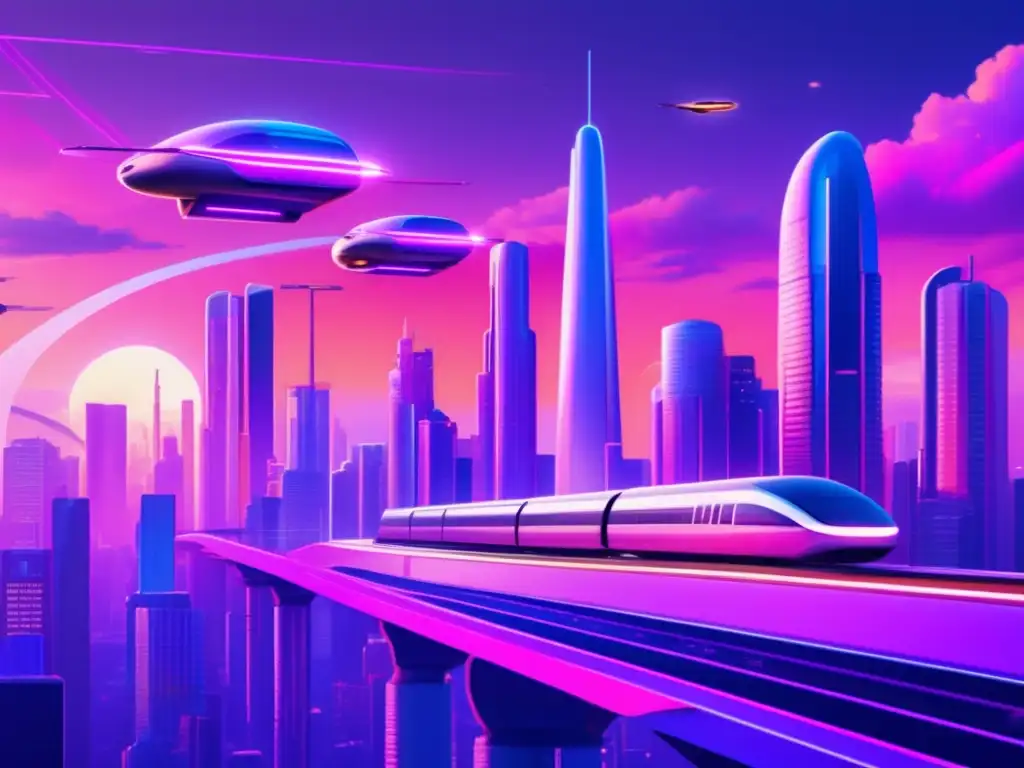 Una ciudad futurista con rascacielos, monorraíles y vehículos voladores entre un cielo rosado y morado. <b>Infraestructuras de juego en la nube.