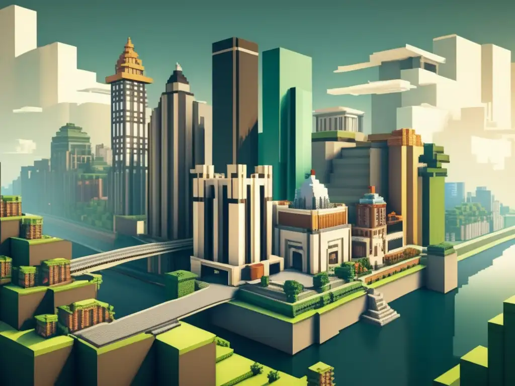 Una ciudad Minecraft vintage con impacto cultural en arquitectura, mostrando detalladas estructuras y diseño impresionante.