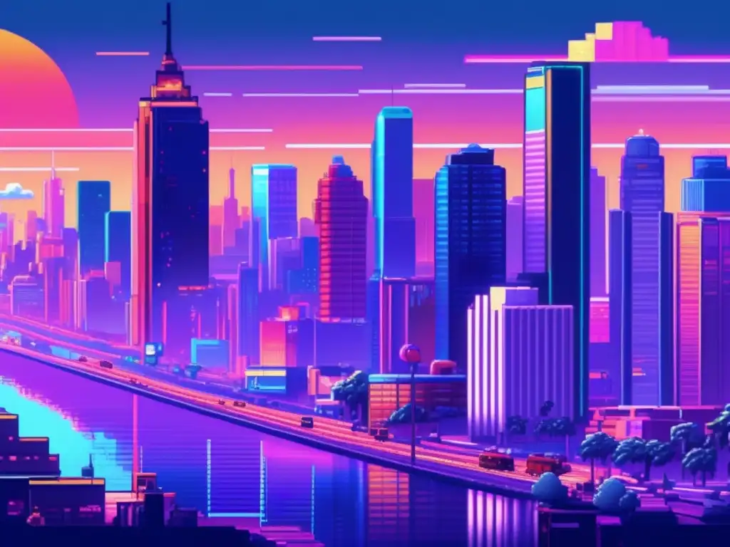 Una ciudad pixelada en tonos vintage muestra la evolución del pixel art indie con rascacielos y personajes pixelados.