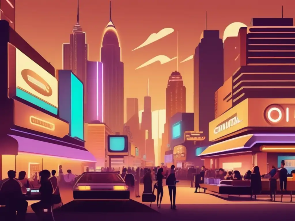 Una ciudad virtual vibrante con rascacielos futuristas, ciudadanos digitales y una red de datos, evocando el impacto de las comunidades virtuales.