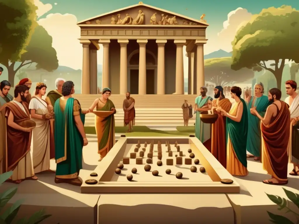 Ilustración vintage de ciudadanos de la antigua Grecia o Roma jugando a los dados en una ceremonia religiosa. <b>Influencia de los juegos de suerte en la religión.