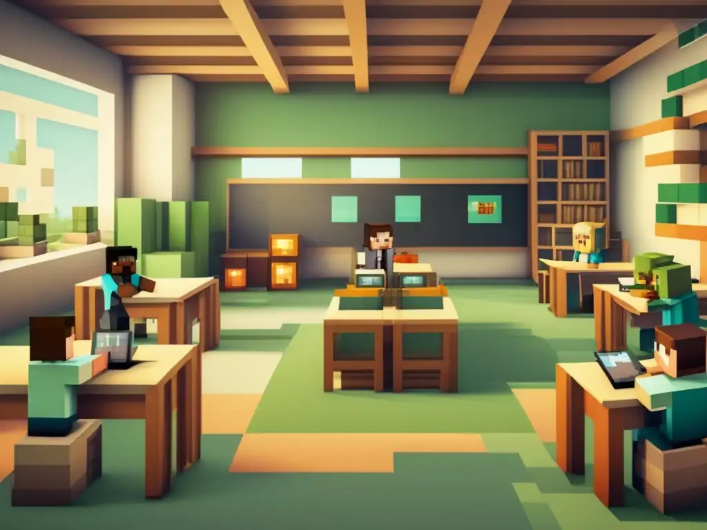Ilustración vintage de una clase usando Minecraft para enseñanza de física o arquitectura, resaltando los beneficios educativos de Minecraft.