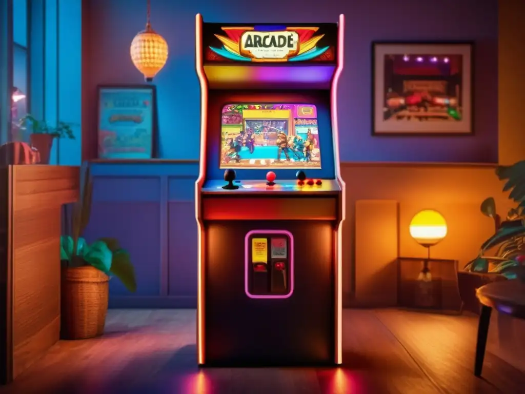 Un clásico arcade iluminando el ambiente con su pantalla brillante, mientras personas de distintas edades disfrutan juntas. <b>Captura el impacto cultural de los juegos en la nube.