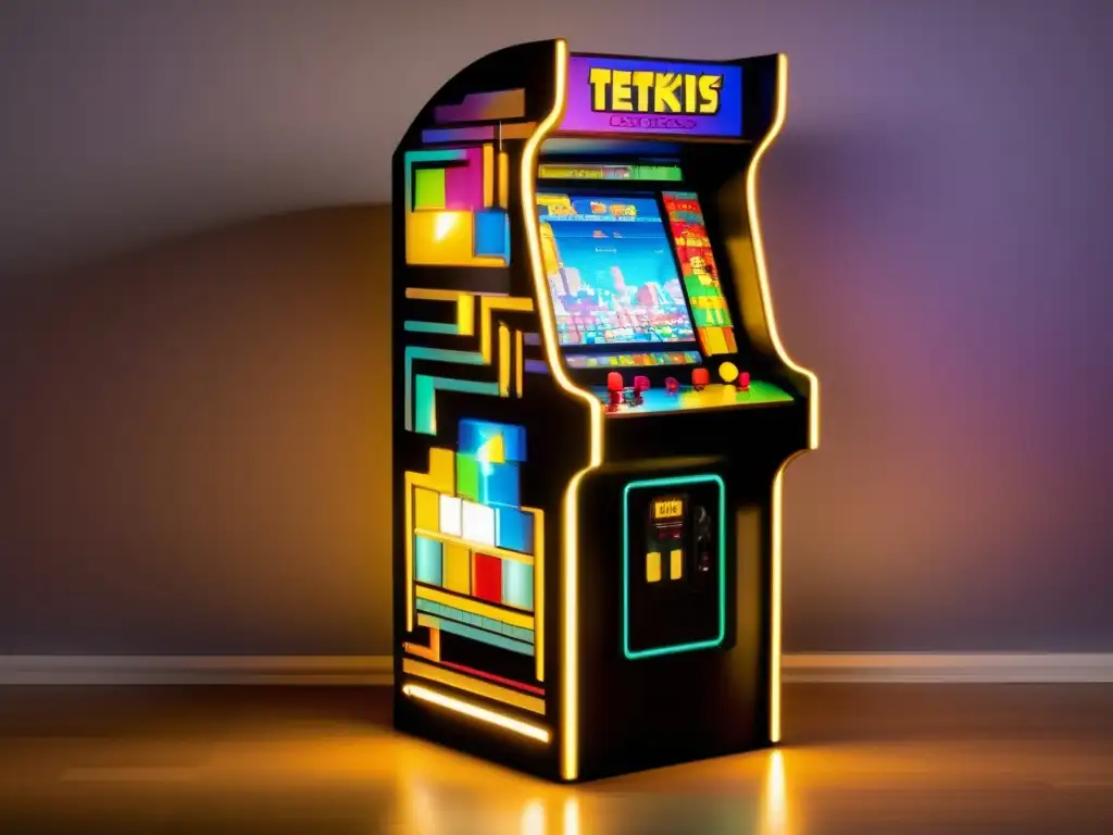 Un clásico gabinete de Tetris en una sala llena de gente emocionada, con la pantalla colorida y bloques cayendo. <b>Impacto cultural de los videojuegos.