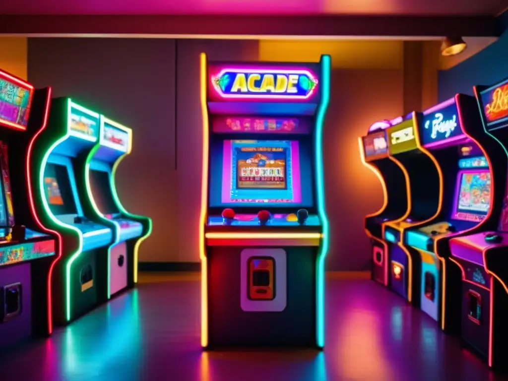 Un clásico juego de arcade rodeado de luces de neón en un salón recreativo. <b>Adolescentes emocionados observan el juego.</b> <b>La atmósfera retro evoca nostalgia y la energía vibrante del arcade captura la esencia de una era pasada.</b> <b>Metamorfosis máquinas arcade salones recreativos.