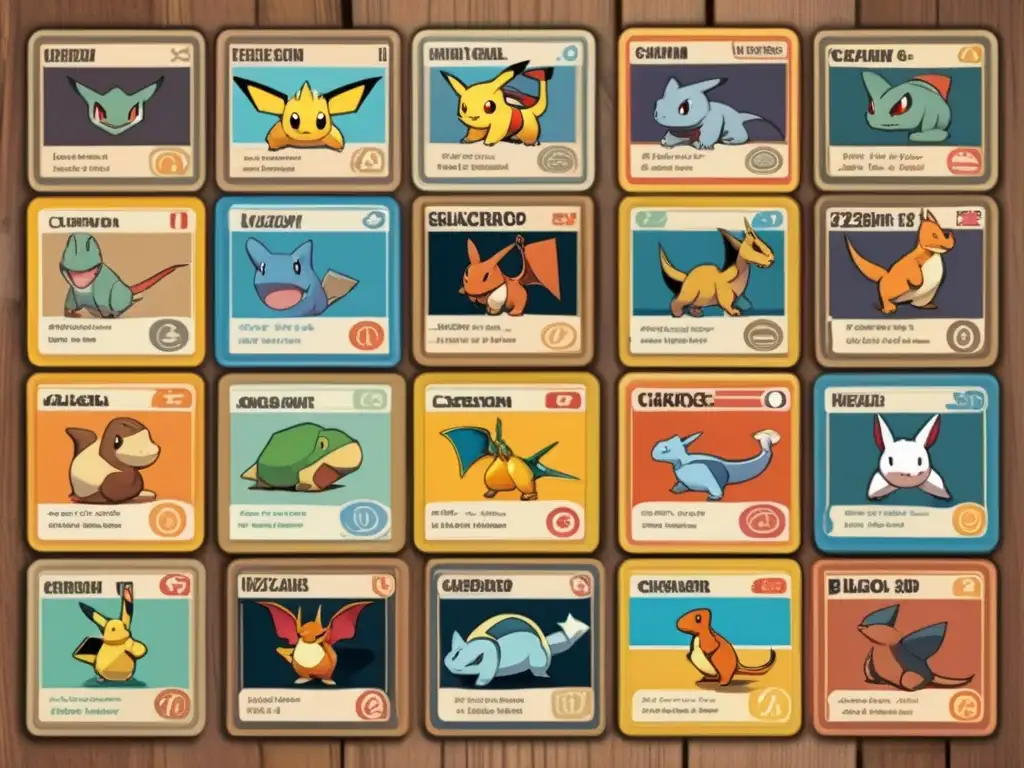 Una colección vintage de cartas de Pokémon, con Charizard, Pikachu y Blastoise, organizadas en una mesa de madera con iluminación cálida y desgaste sutil, evocando nostalgia por el impacto cultural de los juegos y la televisión de Pokémon.