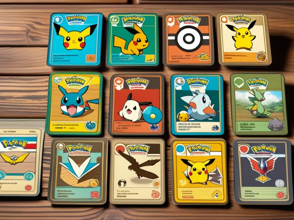 Una colección vintage de cartas de Pokémon en una mesa de madera, desgastadas pero llenas de color, que captura el impacto cultural global de Pokémon.