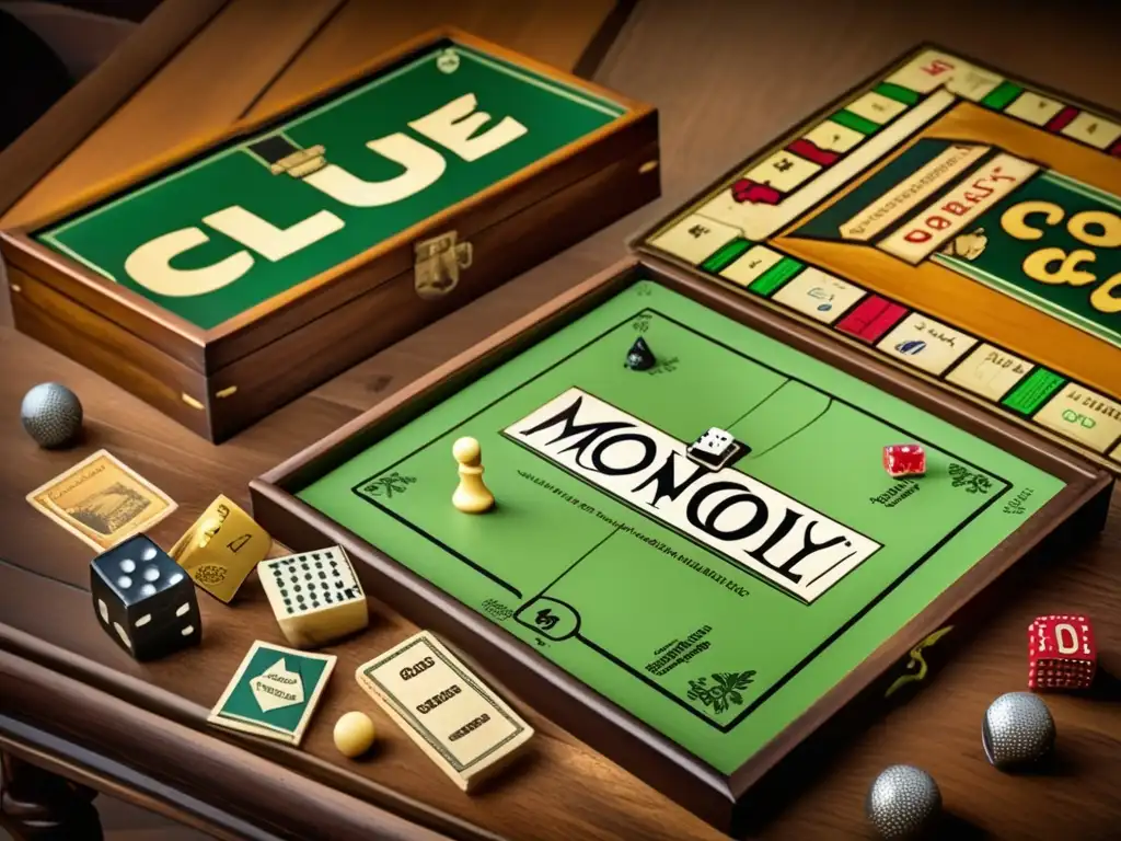 Una colección de juegos de mesa vintage con Monopoly, Clue, Scrabble y ajedrez. La pátina envejecida y los tonos cálidos capturan la historia y el diseño de los juegos de mesa.