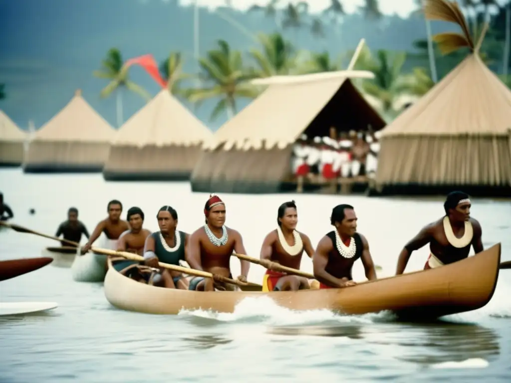 Competencia de deportes acuáticos tradicionales en Oceanía, mostrando la rica herencia cultural a pesar del impacto de la colonización.