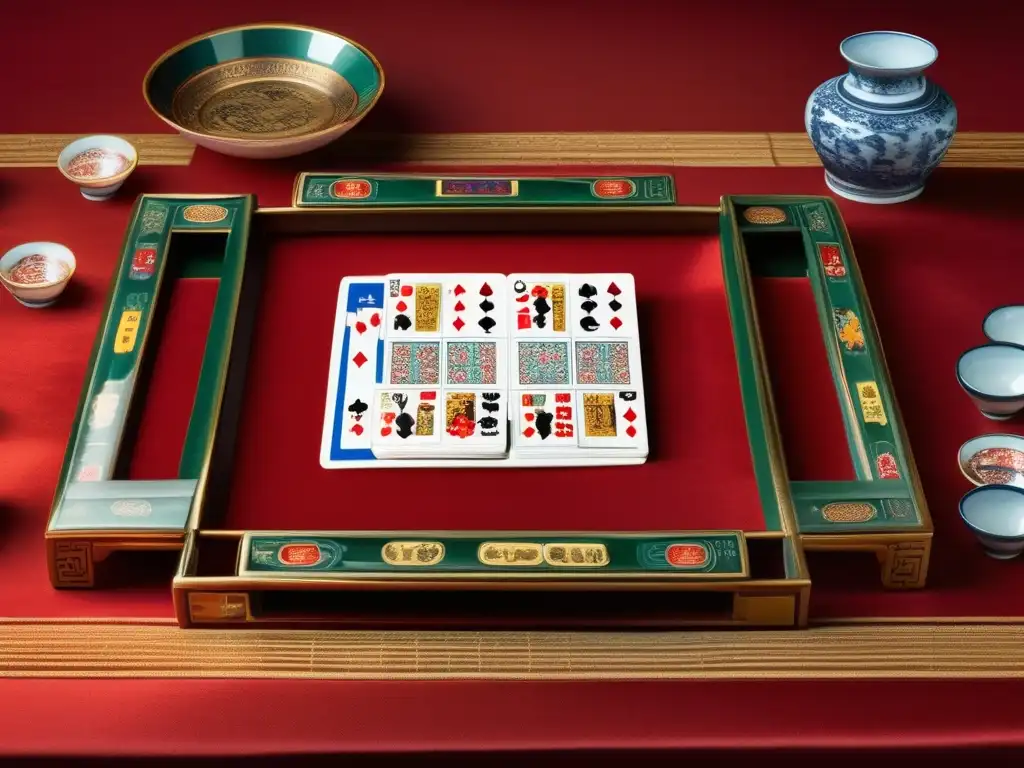 Un conjunto vintage de porcelana china para juegos de azar, con azulejos pintados a mano y una mesa de seda roja y dorada. <b>El cálido resplandor de las linternas crea una atmósfera acogedora.</b> <b>Transformación social de los juegos de azar en Asia.