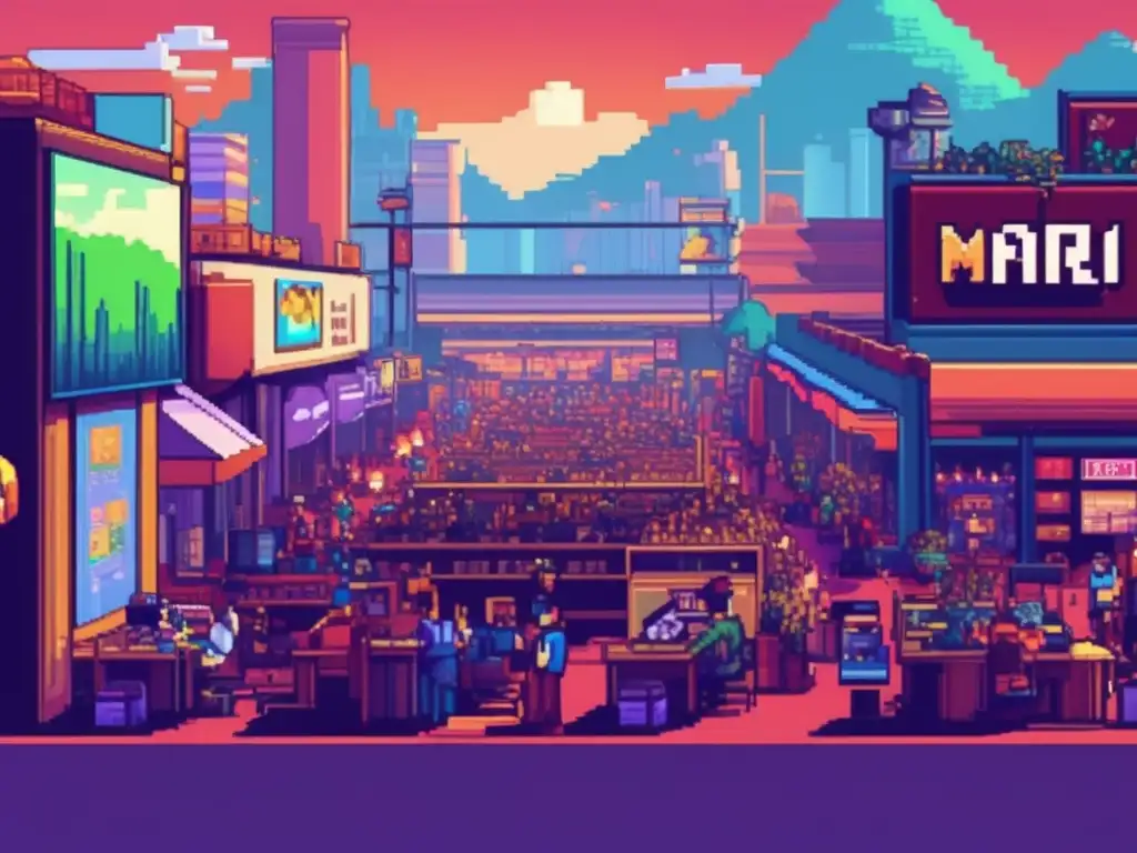 Una convención de videojuegos indie bulliciosa con detallados puestos retro y personajes pixelados, evocando la evolución del pixel art indie.