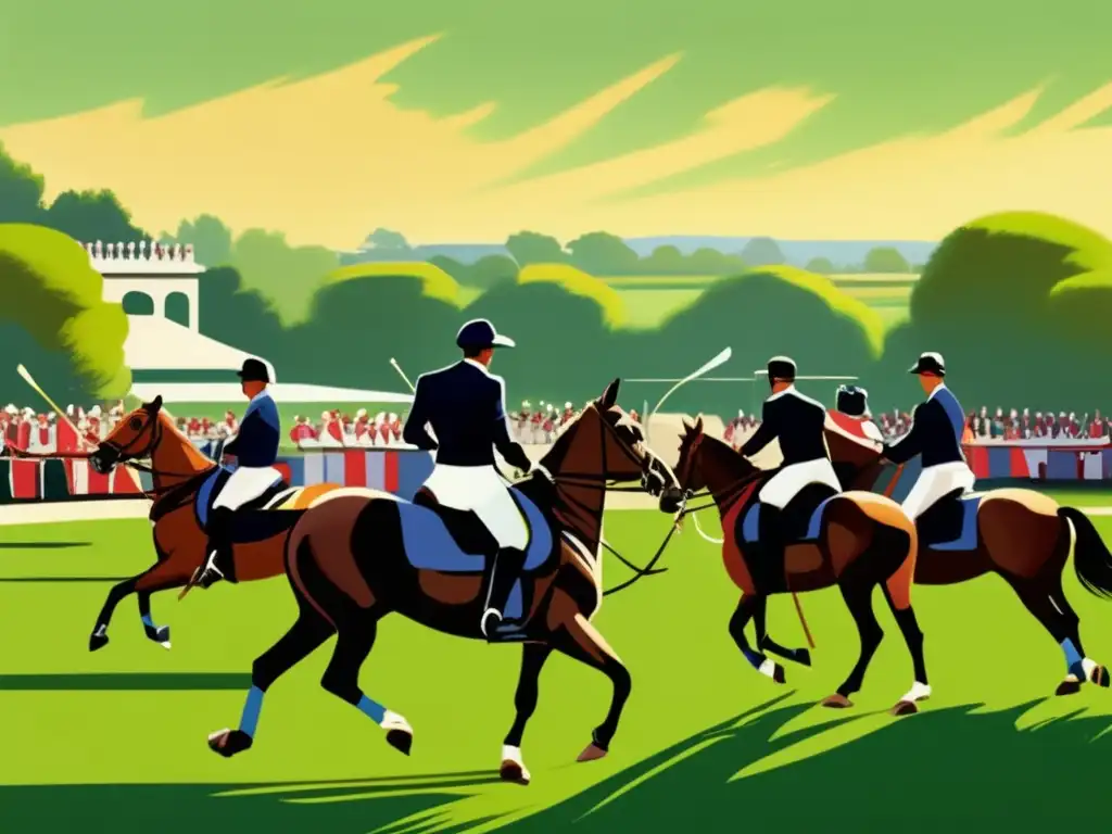 Un cuadro vintage de un elegante partido de polo en un campo verde exuberante. <b>Jugadores y caballos compiten con gracia bajo la luz del sol, mientras el público observa con admiración.</b> <b>Origen histórico del polo europeo.