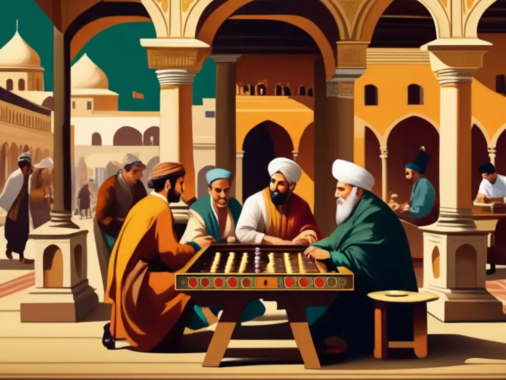 Un cuadro vintage de personas jugando backgammon en un bullicioso mercado antiguo. <b>Colores cálidos, arquitectura detallada y concentración intensa.</b> <b>Captura la historia y tradición del backgammon.</b> Origen y evolución del backgammon.