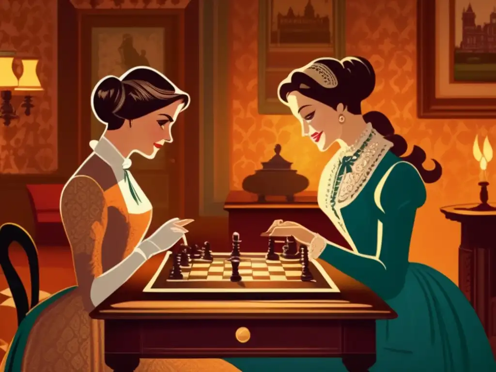 Dos damas victorianas juegan damas en un acogedor salón vintage. <b>La atmósfera nostálgica y elegante evoca historia, estrategia y adaptaciones culturales.