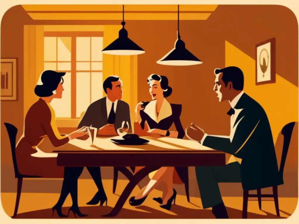 Un debate intenso en un salón vintage bañado en cálida luz dorada. <b>La atmósfera evoca sofisticación y discusión intelectual.