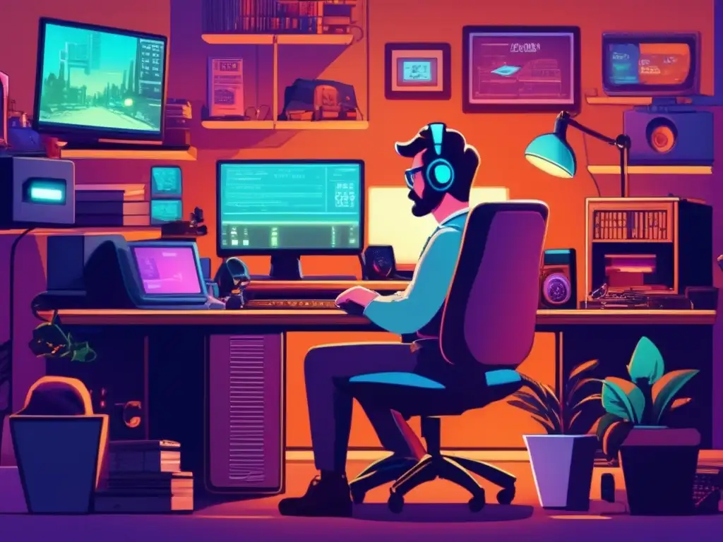 Un desarrollador indie inmerso en su pasión, rodeado de tecnología vintage. <b>Impacto de la IA en Juegos Indie.