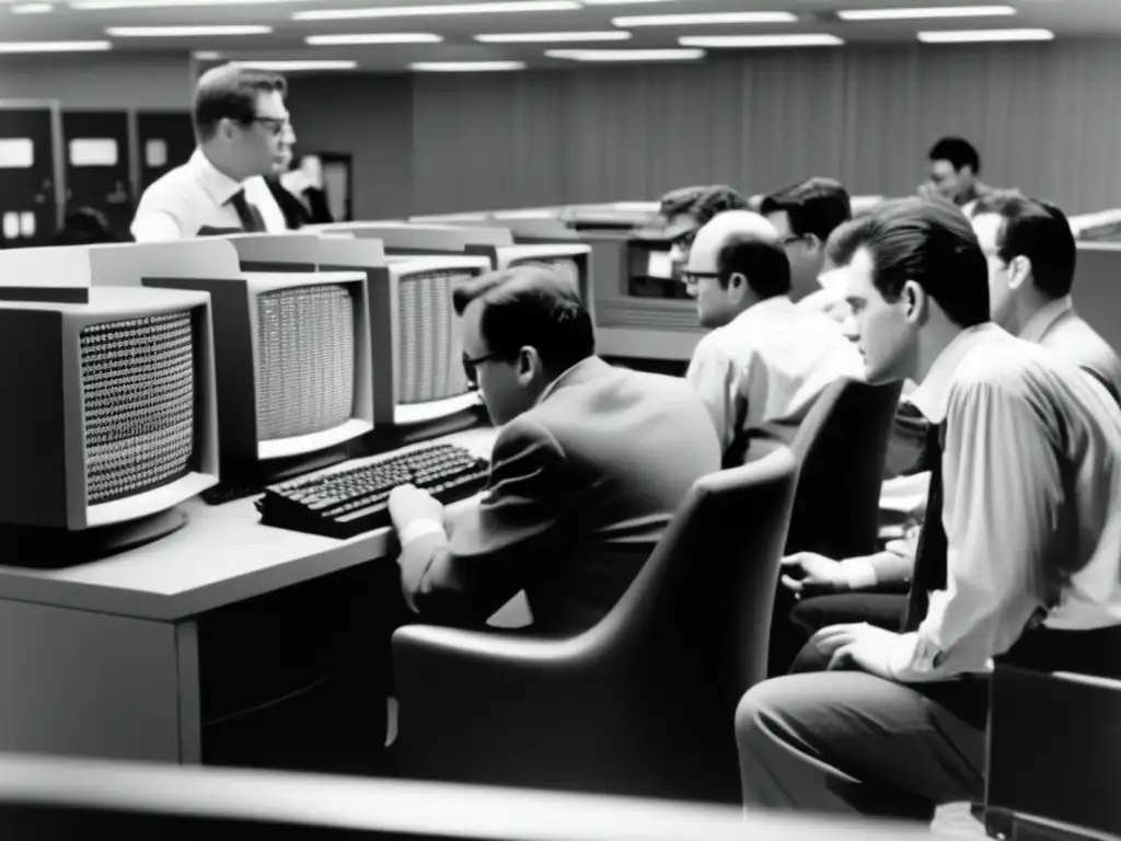 Desarrolladores en los inicios de DirectX, concentrados frente a la computadora, rodeados de tecnología antigua. <b>Influencia de DirectX en juegos.