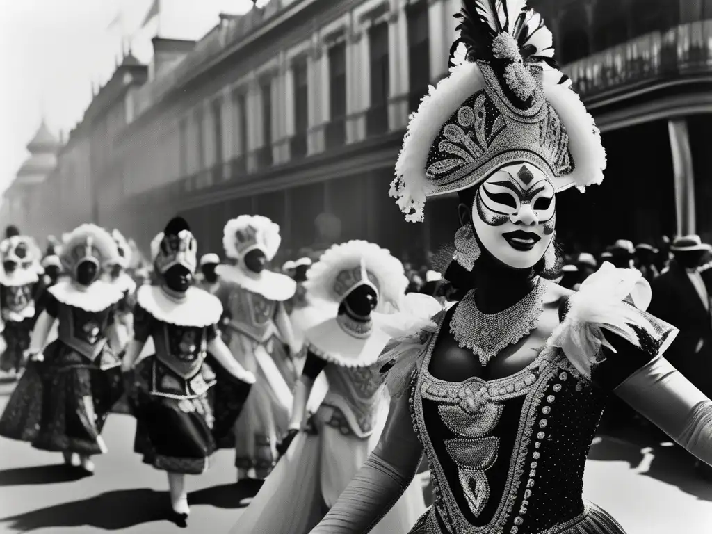 Un desfile de carnaval vibrante en blanco y negro, con artistas en trajes elaborados y máscaras, celebrando en las calles. <b>Rol del disfraz en la performance.
