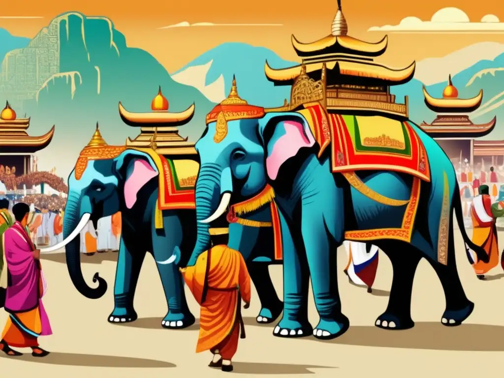 Un desfile de elefantes asiáticos decorados con detalle avanza por una animada plaza, rodeada de templos antiguos y montañas. <b>Captura la rica historia cultural y el significado de los elefantes en la tradición asiática.