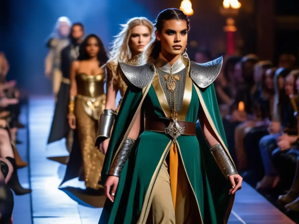 Desfile de moda impactante inspirado en Dungeons & Dragons, con modelos en atuendos vintage dramáticos en una pasarela medieval.