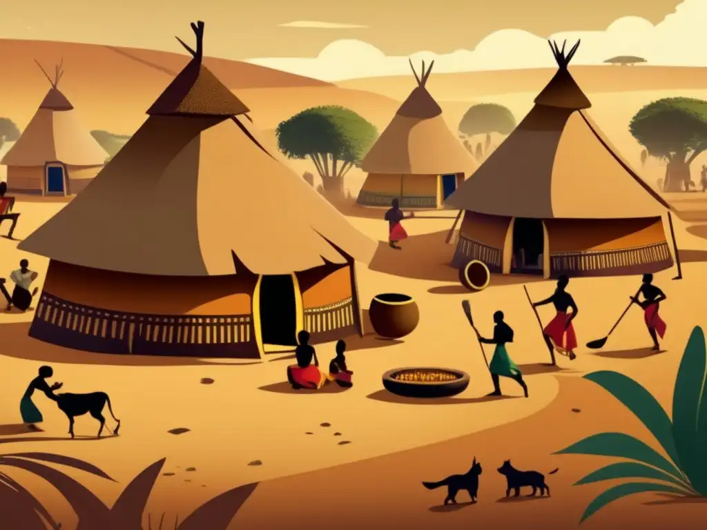 Ilustración detallada de una aldea africana tradicional con el juego de la hiena. <b>Refleja la riqueza cultural y el significado simbólico del juego.