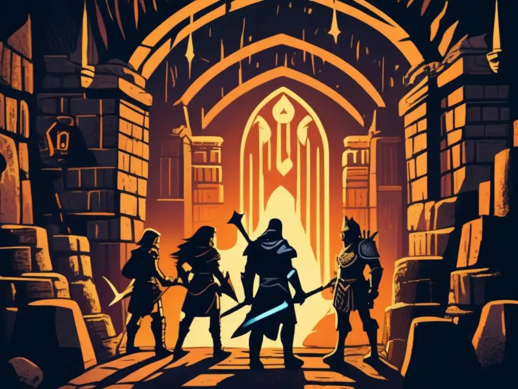 Ilustración detallada de aventureros explorando un tenebroso calabozo lleno de tesoros, destacando el legado histórico de Dungeons & Dragons.