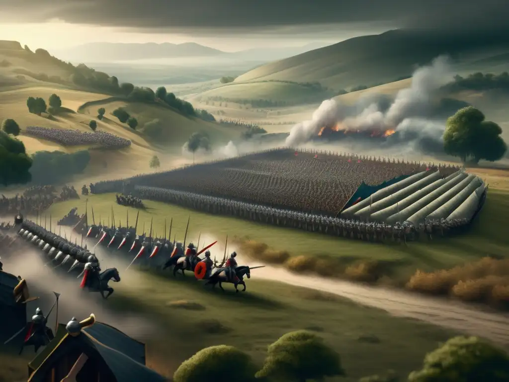 Ilustración detallada de una batalla medieval con ejércitos enfrentados, paisaje realista y dramático cielo nublado. Captura la intensidad y complejidad de la estrategia en juegos, evocando un impacto cultural duradero.