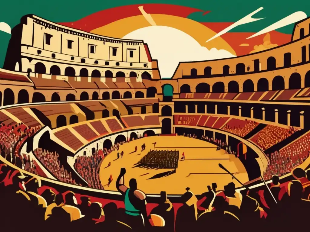 Ilustración detallada de un coliseo romano repleto, con combates de gladiadores, multitudes animadas y arquitectura antigua. <b>Captura la intensa atmósfera de un evento gladiatorio, destacando la influencia de los juegos gladiatorios en la sociedad romana.