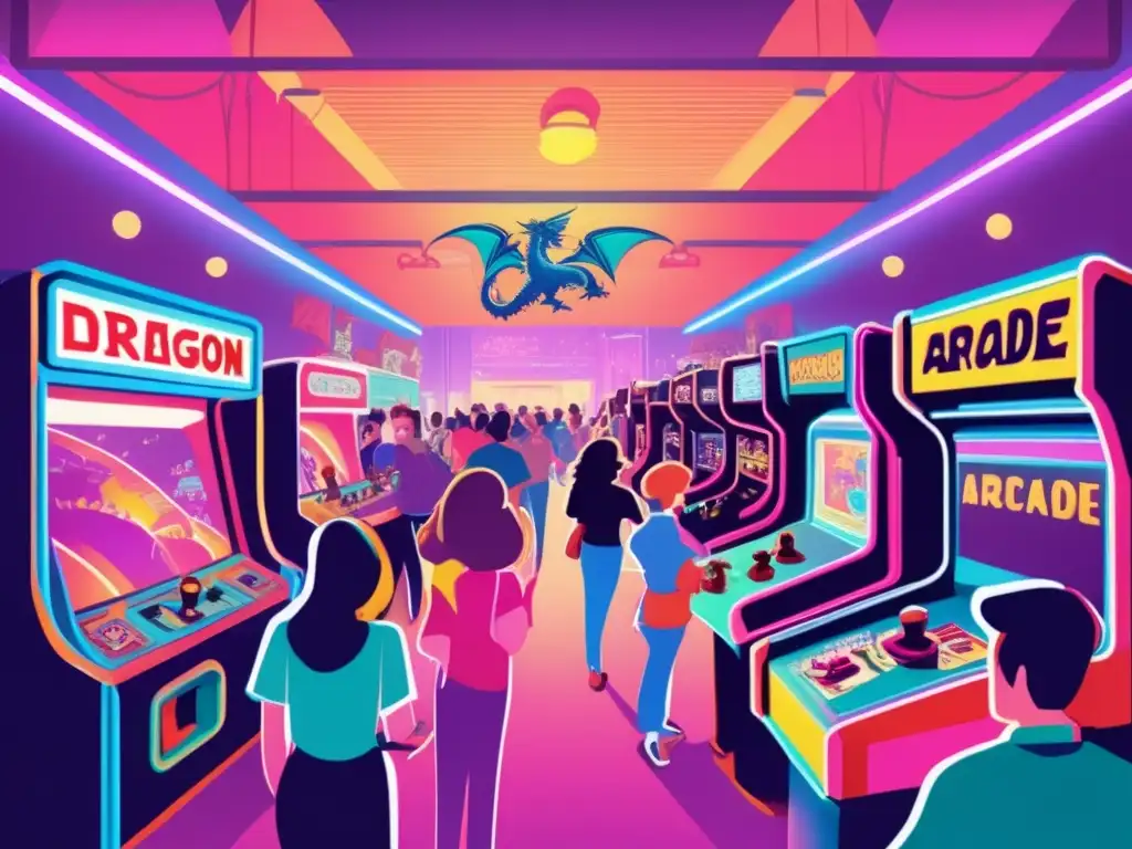 'Ilustración detallada de una concurrida sala de juegos de los años 80, llena de máquinas retro y luces de neón. <b>Destaca la máquina de Dragon's Lair, rodeada de jugadores entusiasmados.</b> <b>Origen y impacto cultural Dragon's Lair.'