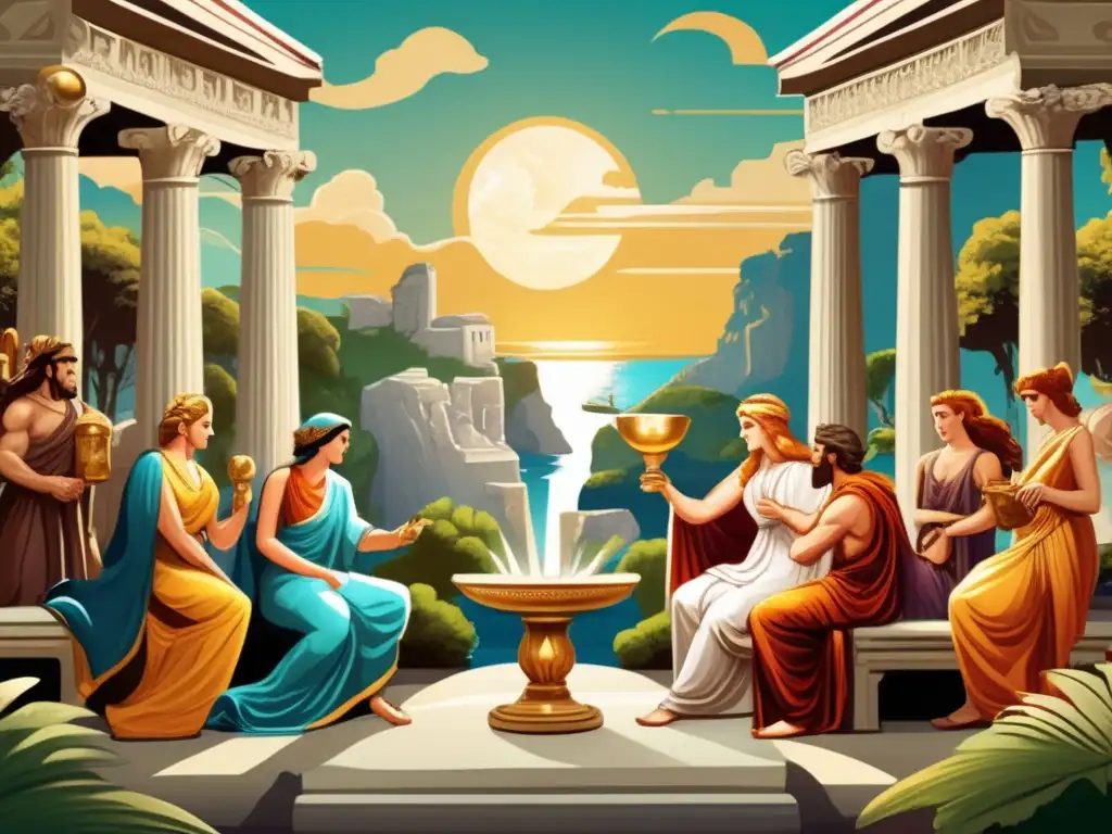 Ilustración detallada de dioses griegos jugando knucklebones en un paisaje idílico, evocando la conexión entre knucklebones y la mitología griega.