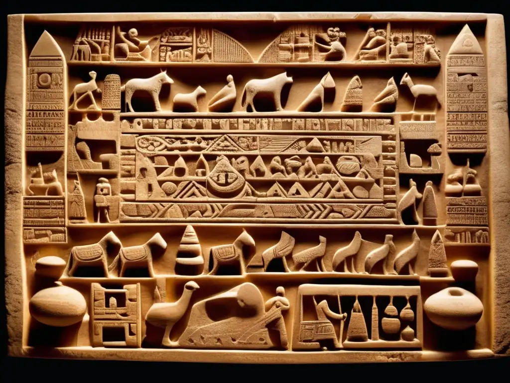 Detallada escultura de juego mesopotámico en piedra con representaciones sociales, rodeada de artefactos antiguos. <b>Representaciones sociales en esculturas de juegos.