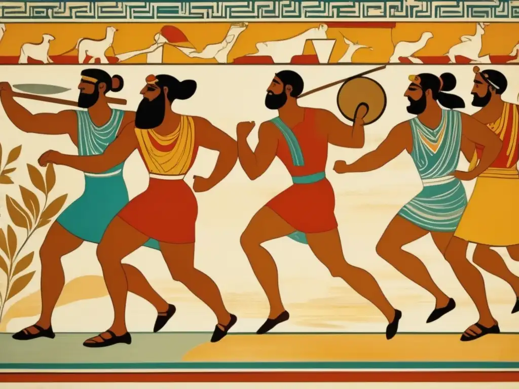 Ilustración vintage detallada de un fresco minoico con escenas animadas de atletas participando en antiguos eventos deportivos.</b> <b>Influencia juegos Minoicos cultura mediterránea.