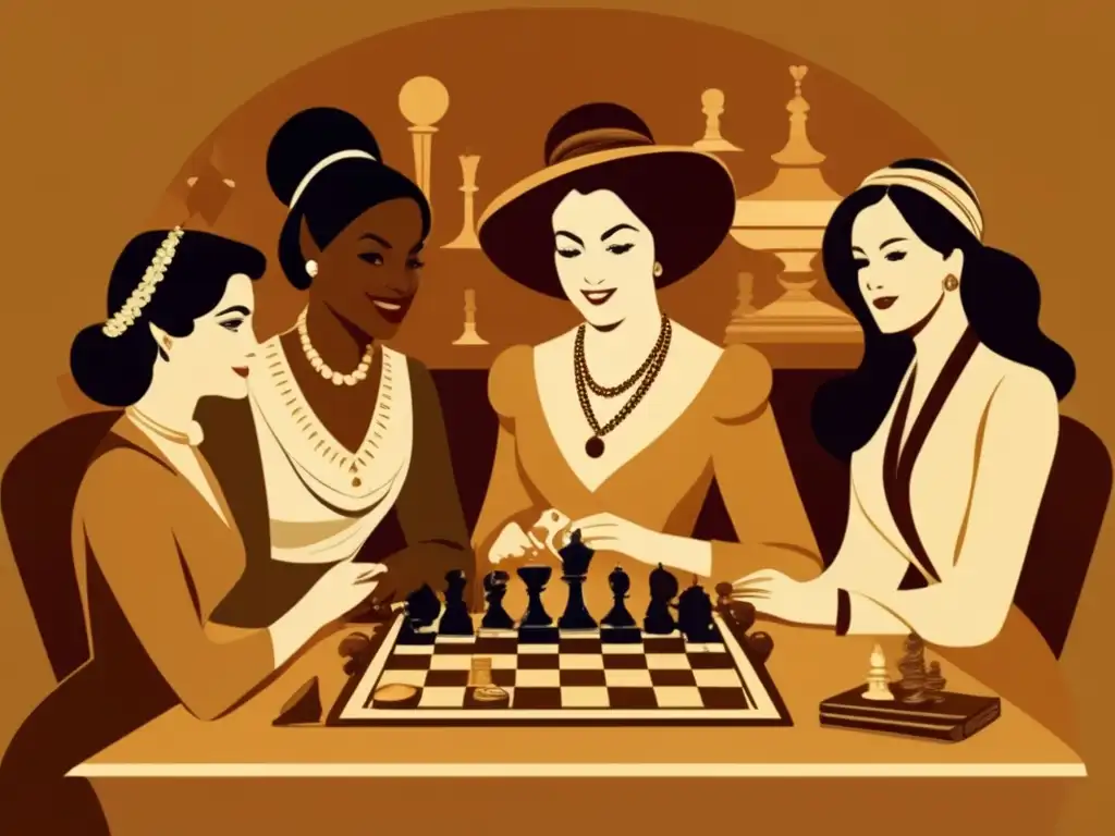 Un ilustración detallada muestra a un grupo diverso de mujeres jugando distintos juegos de mesa a lo largo de la historia, reflejando su influencia en la cultura de los juegos de mesa. La atmósfera cálida y los detalles capturan la esencia de las mujeres en juegos de mesa.