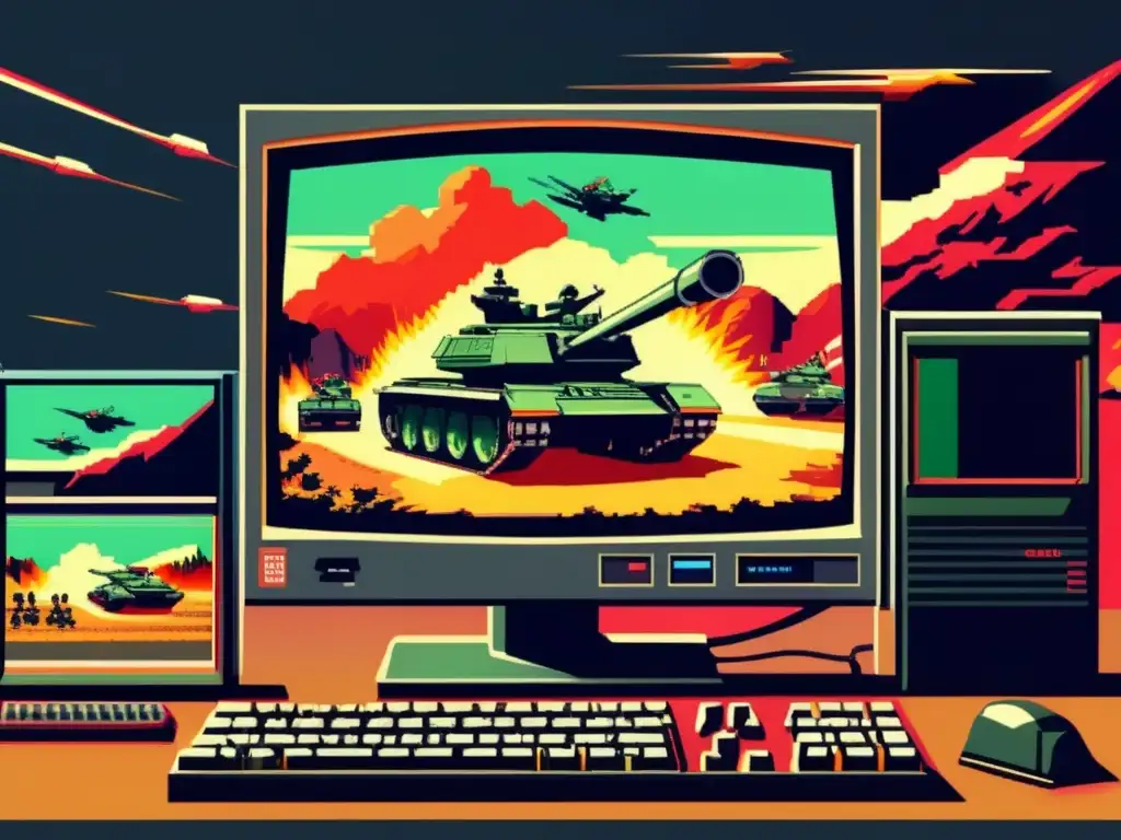 Una detallada imagen de un monitor vintage mostrando la pantalla de carga icónica de Command & Conquer, con gráficos pixelados y una paleta de colores retro. La escena dramatica de batalla con tanques, soldados y explosiones captura la intensa y envolvente experiencia de juego del clásico juego de estr
