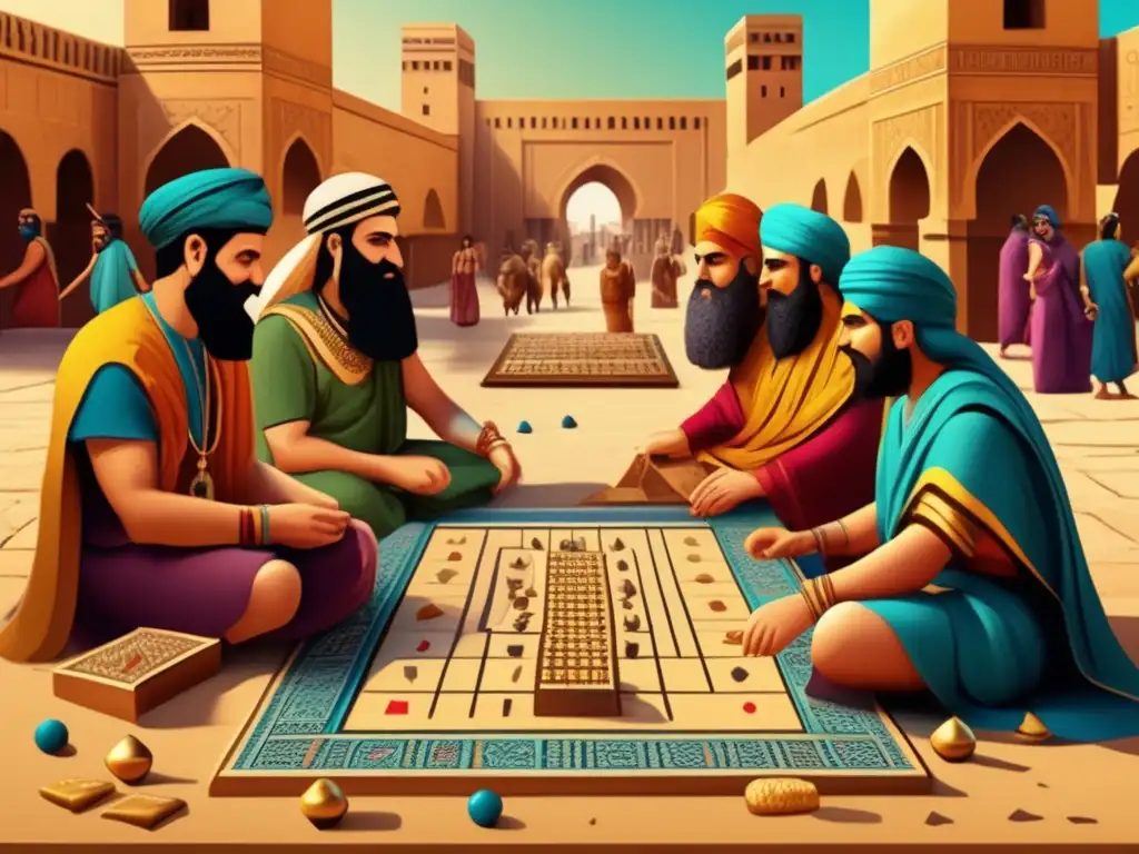 Ilustración detallada en 8k del juego de veinte casillas en Mesopotamia, con vibrantes colores y diseño de mercado antiguo.